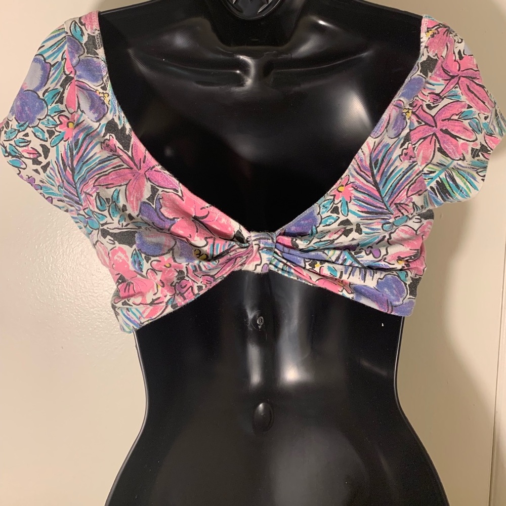Pink, white, and blue knot in the back crop top